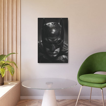 Stylish Batman Metal Art Poster displayed in a modern interior, highlighting the dynamic design on premium matte aluminum, an exquisite choice for decor enthusiasts.