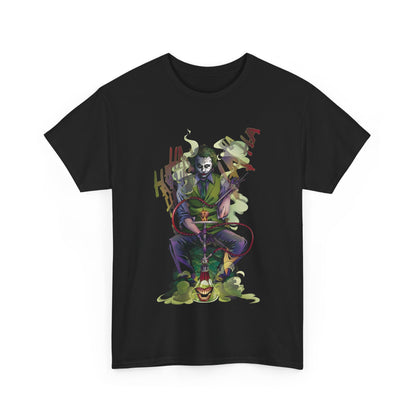 Joker Hookah Graphic T-Shirt Urban Unisex Cotton Tee showcasing a detailed design of the Joker seated with a hookah, enveloped in swirling smoke. A statement piece for discerning fans of iconic comic art.
