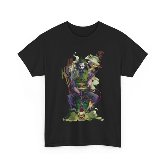 Joker Hookah Graphic T-Shirt Urban Unisex Cotton Tee showcasing a detailed design of the Joker seated with a hookah, enveloped in swirling smoke. A statement piece for discerning fans of iconic comic art.