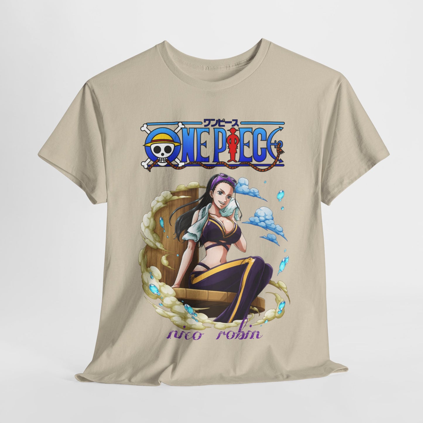 Luxurious beige men's t-shirt featuring a dynamic illustration of Nico Robin from One Piece, adorned with vibrant colours and intricate details, perfect for anime enthusiasts.