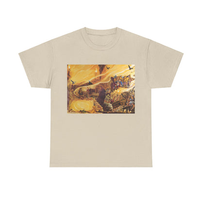 Luxurious Discworld Color of Magic Graphic Unisex Tee Shirt in cream, featuring intricate artwork inspired by Terry Pratchett's novel, showcasing Rincewind and the Luggage.