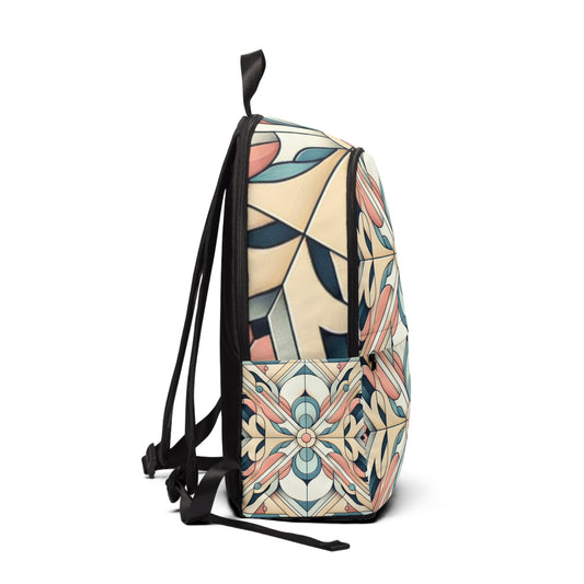 Side view of the Abstract Pastel Geometric Backpack highlighting its elegant design and high-quality material, ideal for fashion-forward individuals.
