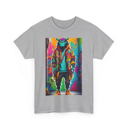 Front view of the Street Monster Graphic T-Shirt in grey displaying a bold, colourful graphic of a monster in edgy urban wear, perfect for modern style aficionados.