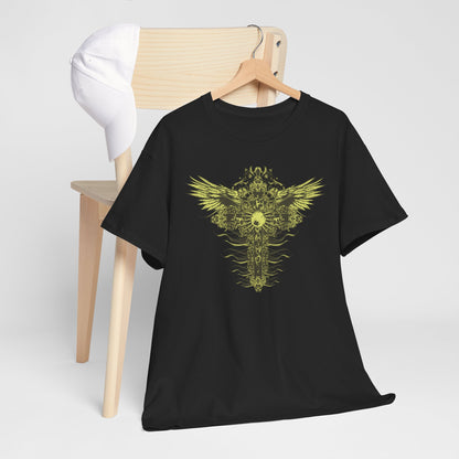 Luxurious black t-shirt displayed on a wooden chair, showcasing a captivating yellow design of a decorative cross with angelic wings and a stylish cap, perfect for a trendy ensemble.