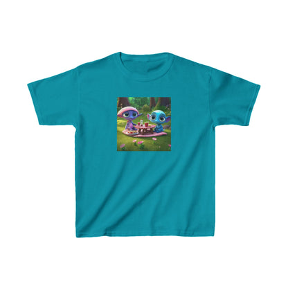 Kids Heavy Cotton Tee featuring cute alien designs in turquoise; vibrant and playful, perfect for children's imaginative play.