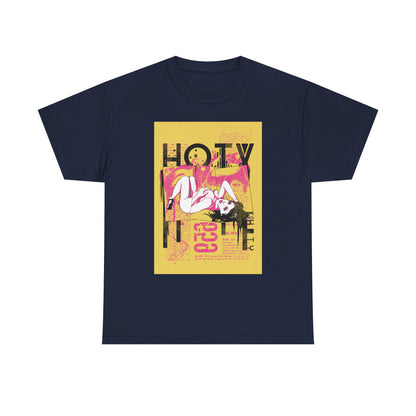 Chic men's t-shirt in navy blue presenting a captivating 'HOTY' graphic design, harmonising vibrant colours and artistic flair for a sophisticated streetwear look.