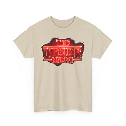 Elegant graphic cotton t-shirt with 'THE UPSIDE DOWN' motif in brilliant neon-red, ideal for casual yet refined fashion enthusiasts.