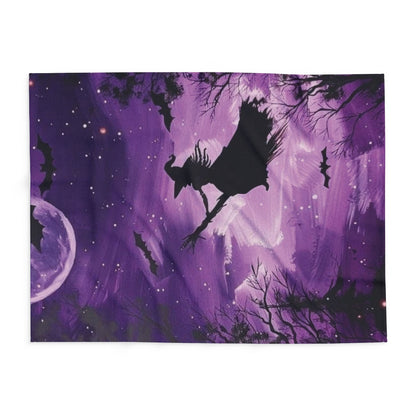 Decorative and Warm Halloween Spooky Arctic Fleece Blanket displayed flat, featuring intricate purple and black designs of witches and bats, a sophisticated addition to your Halloween decor.