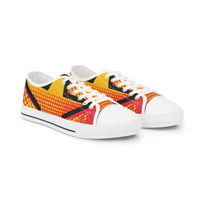 Copy of Zel da Thunderstrike - Men's Lowtop Sneakers showcasing a vibrant Pop Art design with a bold red and yellow pattern, perfect for modern trendsetters.