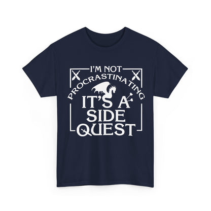 Luxury Unisex Graphic Tee: "It's A Side Quest" showcasing a stylish navy front design with bold typography and a dragon graphic, perfect for fantasy enthusiasts.