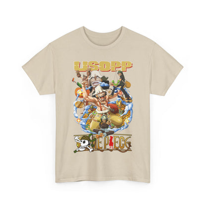 Luxurious beige t-shirt adorned with a captivating graphic of USOPP from One Piece, combining comfort and style.