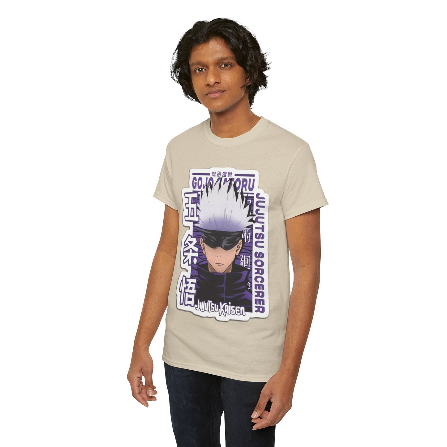 Refined Gojo Satoru T-shirt elegantly designed with striking graphics from Jujutsu Kaisen, perfect for conveying fandom in luxury and style.