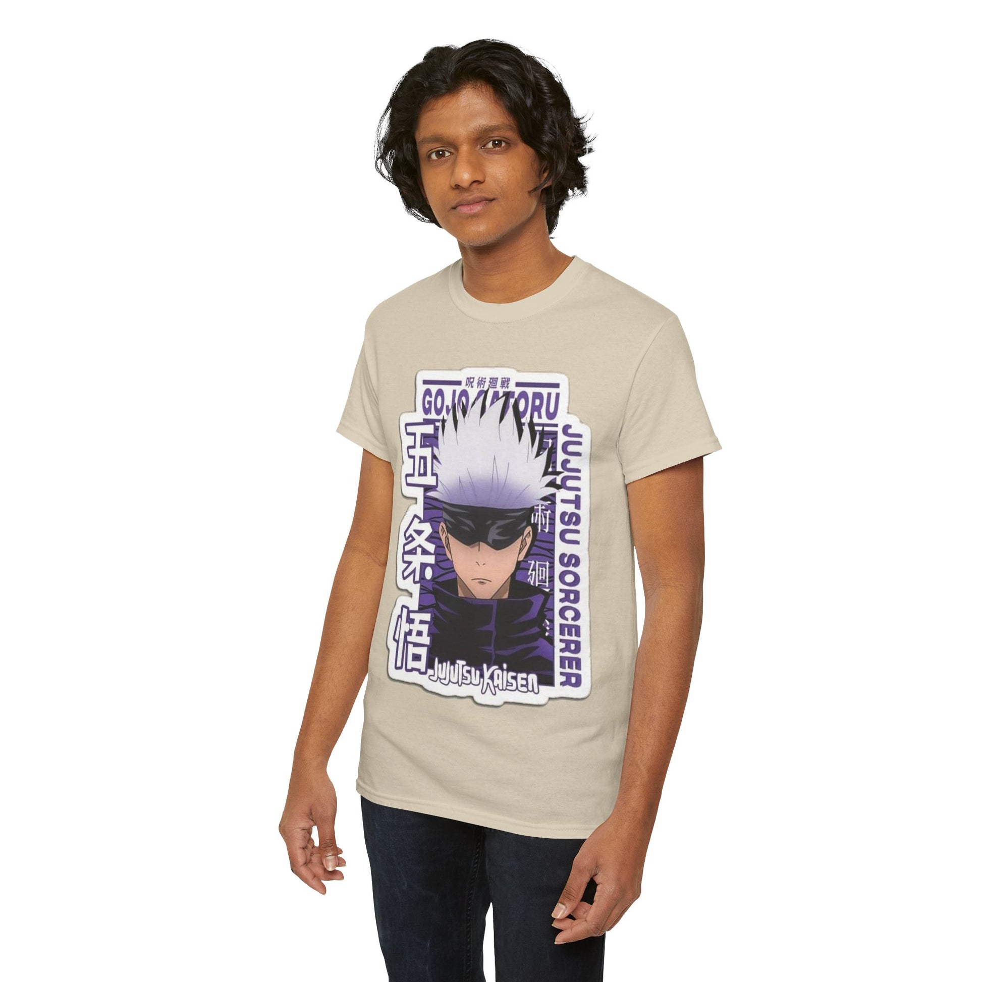 Refined Gojo Satoru T-shirt elegantly designed with striking graphics from Jujutsu Kaisen, perfect for conveying fandom in luxury and style.