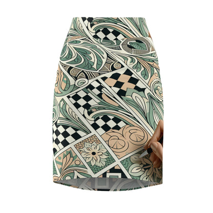 Vivienne Belmont Pastel Green Pencil Skirt with Unique Organic Shapes by Dazzling Dreams Studio, showcasing elegant design and luxurious fabric.