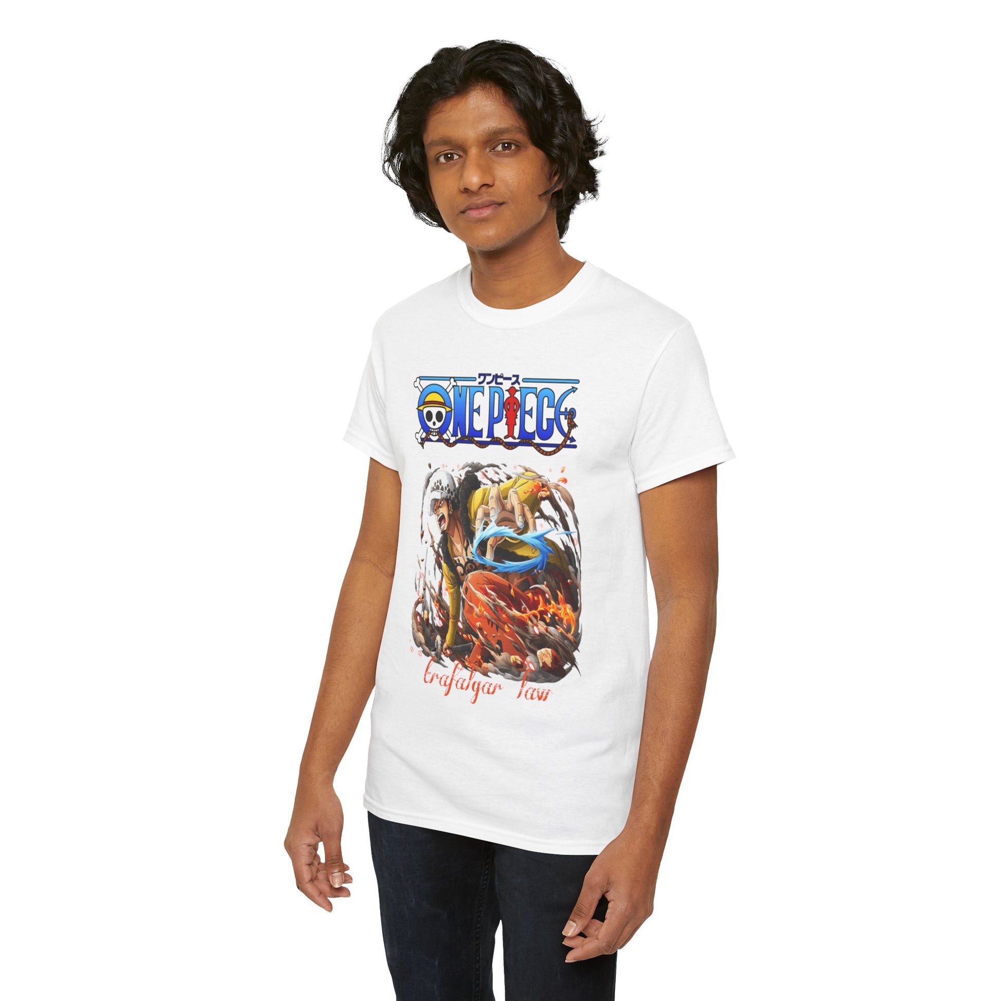 Stylish male model posing in a white t-shirt that displays a captivating Trafalgar Law design from One Piece, merging luxury with anime-inspired fashion.