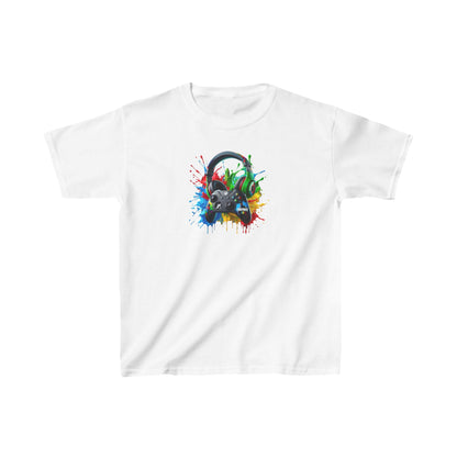 Unisex Children's Gaming Graphic Cotton Tee in classic white featuring a stunning headset and controller graphic, ideal for aspiring young gaming champions.