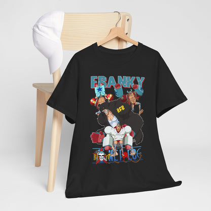 Stylish black men's t-shirt displayed on a chair, adorned with dynamic anime character illustrations, perfect for adventurous fashion enthusiasts.
