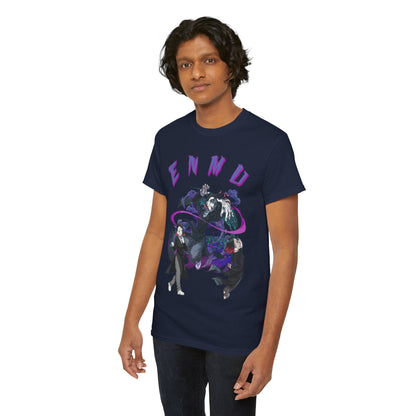 Another model showcasing the Enmu graphic T-shirt, emphasising its stylish fit and unique design, ideal for anime enthusiasts.