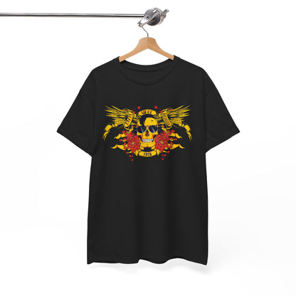 Elegant black t-shirt gracefully hanging displaying a vivid yellow skull graphic surrounded by wings and red roses, perfect for a stylish statement.
