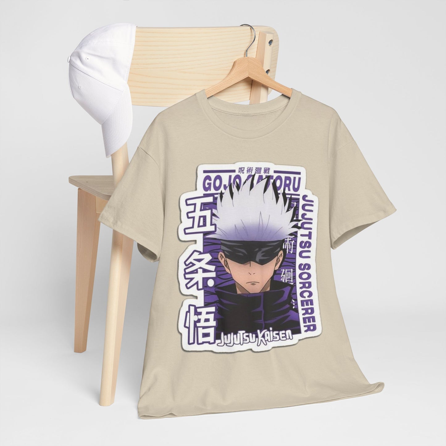 Upscale Gojo Satoru T-shirt, gracefully positioned with a trendy cap, showcasing premium design elements from Jujutsu Kaisen.