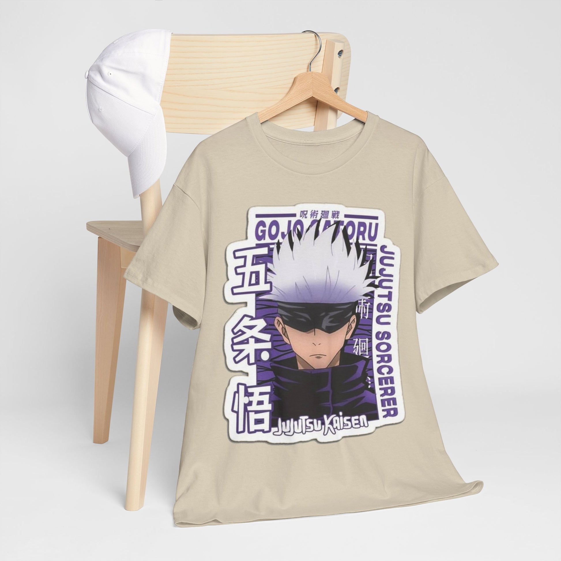 Upscale Gojo Satoru T-shirt, gracefully positioned with a trendy cap, showcasing premium design elements from Jujutsu Kaisen.