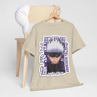 Upscale Gojo Satoru T-shirt, gracefully positioned with a trendy cap, showcasing premium design elements from Jujutsu Kaisen.