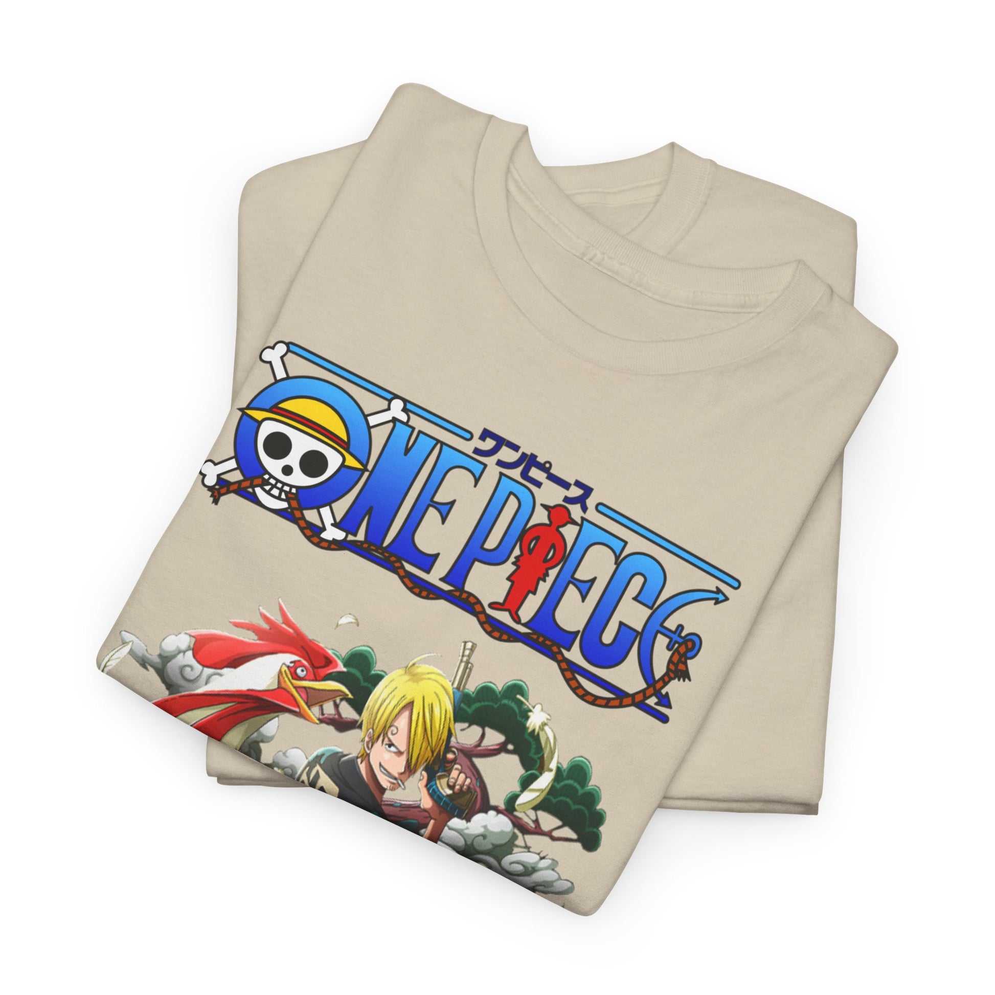 Refined display of folded beige men's t-shirts adorned with striking Sanji artwork from One Piece, emphasizing quality and style.