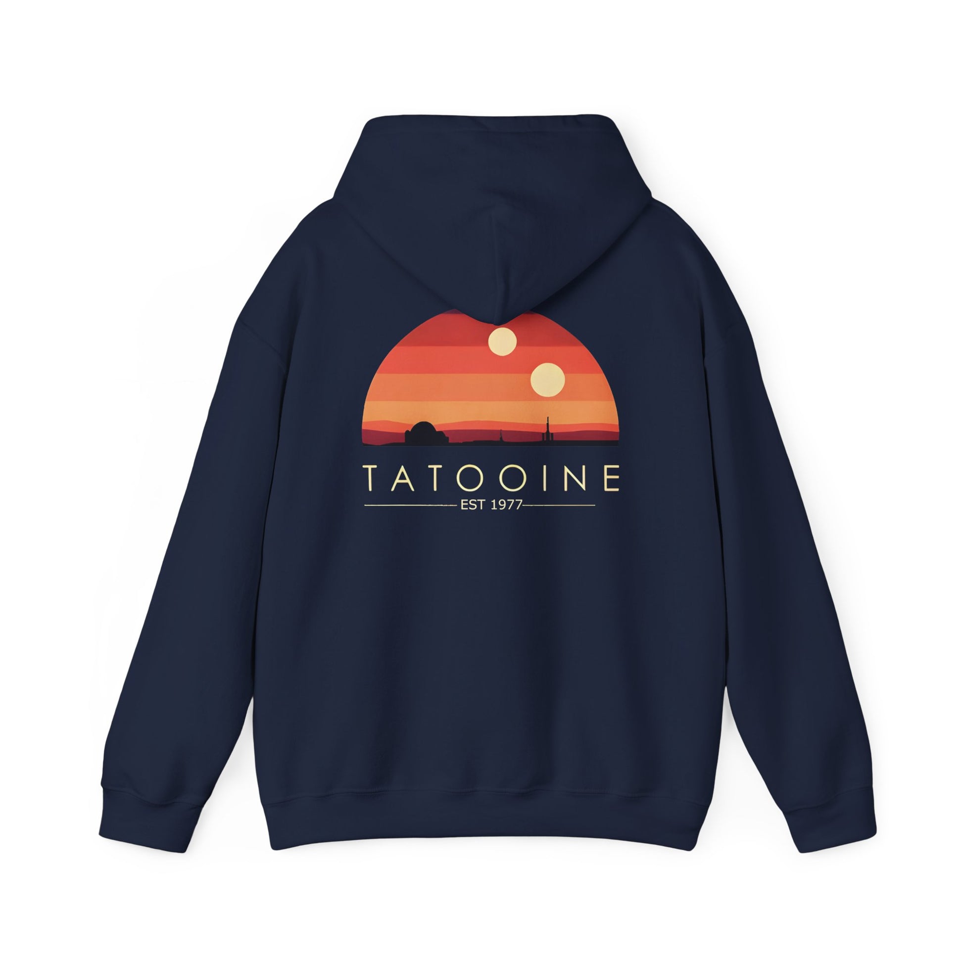 Luxury Tatooine Sunset hoodie art depicting a silhouetted desert landscape, ideal for the discerning Star Wars lover.