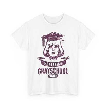 HeMan Masters of the Universe GRAY SCHOOL Unisex Mens Womens Graphic T Shirt Tee elegantly displayed, featuring the striking design of a woman with a graduation cap, emphasising empowerment and nostalgia.