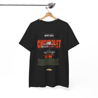 Stylish black t-shirt elegantly hung on a wooden hanger, adorned with a detailed graphic of the Chevrolet C-10, exuding classic charm and sophistication for car lovers.