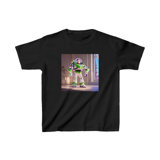 Elegant Kids Buzz Lightyear Heavy Cotton T-Shirt in black, showcasing the beloved Buzz Lightyear character, ideal for imaginative play.