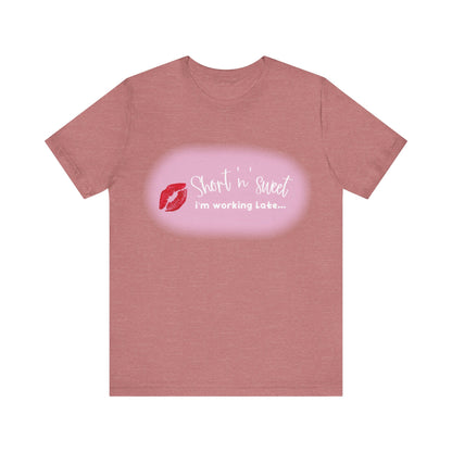 Sabrina Carpenter Inspired Unisex Short Sleeve Tee in a chic rose color, showcasing a bold lipstick print that adds sophistication to any outfit.