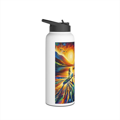 Chic Fantasy Paddleboarding Stainless Steel Water Bottle displaying a sunset paddleboarding scene, combining luxury and practicality for optimal hydration during water sports.