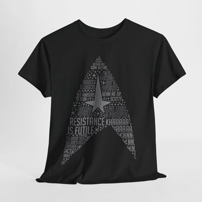 Star Trek Federation Logo Art Graphic Unisex T-Shirt Tee featuring a stylish design in black, showcasing iconic Star Trek quotes and symbols in a sophisticated layout for fans and fashion enthusiasts.