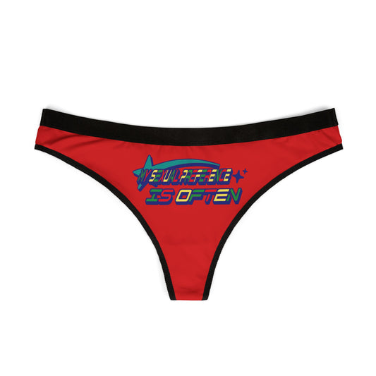 Stylish front view of luxurious red thong panties showcasing the playful phrase 'MY SEXUAL PREFERENCE IS OFTEN' in vibrant colours, designed for the confident individual.
