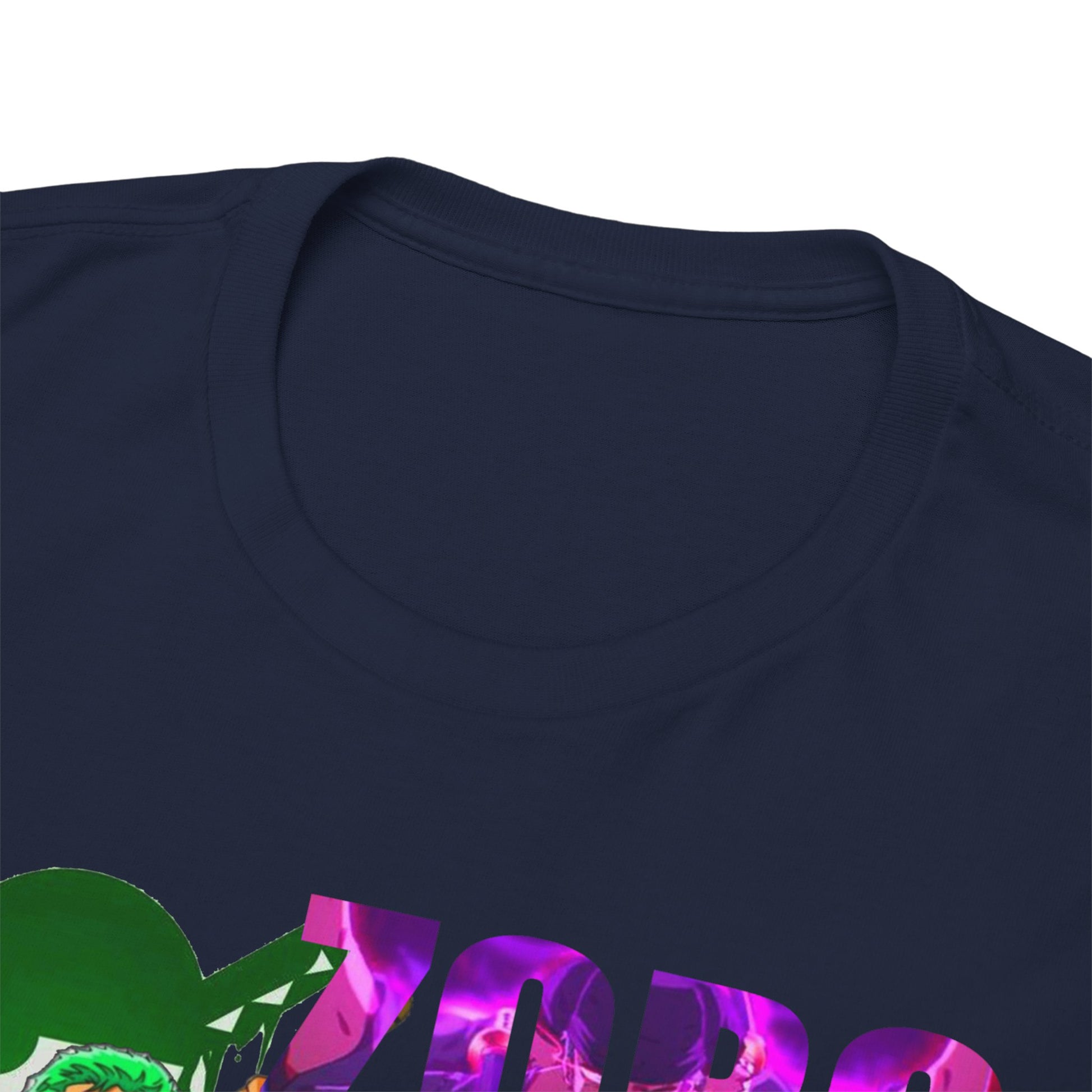 Close-up view of the collar and neckline of a high-quality navy Roronoa Zoro graphic t-shirt, showcasing premium fabric and intricate detailing in the design, ideal for discerning anime lovers.