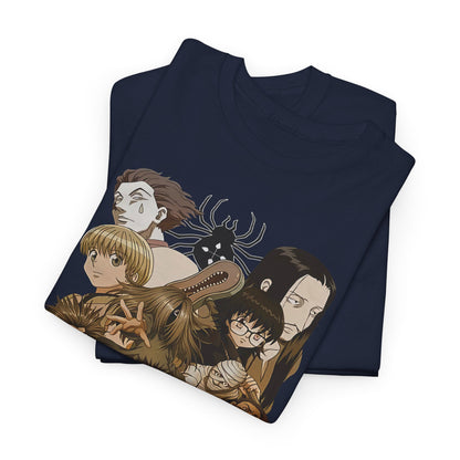 Folded Phantom Troupe graphic t-shirt displaying exquisite character illustrations from Hunter x Hunter, perfect for anime enthusiasts.