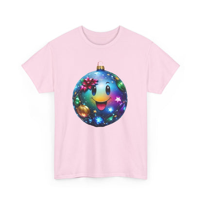 Front view of a stylish pink unisex cotton t-shirt featuring the Festive Cheer Christmas Bauble graphic, perfect for spreading holiday joy.