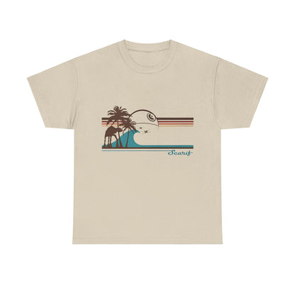 Tie Fighters Holiday on Serif Star Wars Rebel One Graphic Unisex Tee Shirt in beige featuring a stylish design with palm trees, a wave, and a celestial backdrop.