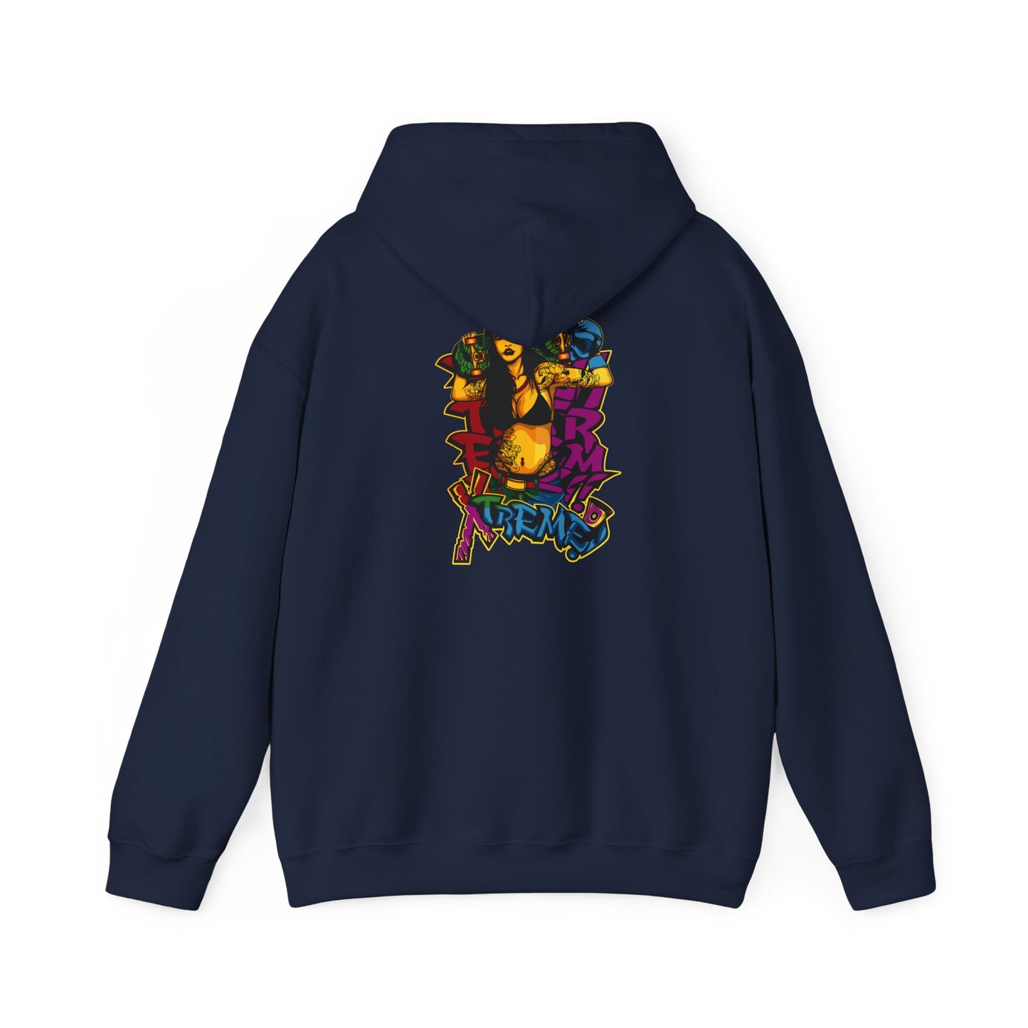 Back view of a navy hoodie adorned with vibrant street art graphic featuring a skateboarder, ideal for urban fashion enthusiasts.