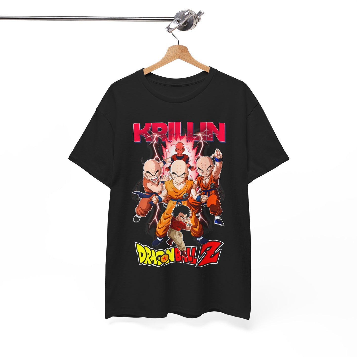 Luxurious black T-shirt featuring a vibrant graphic of Krillin and Z Fighters from Dragon Ball Z, showcasing dynamic action poses with striking lightning bolts in the background.