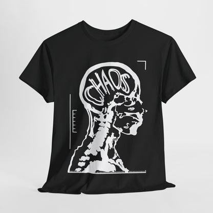 Luxury CHAOS Graphic Unisex T-Shirt in Premium Cotton featuring a striking black and white X-ray design of a human head, showcasing the chaotic lettering of 'CHAOS' in an artful style.
