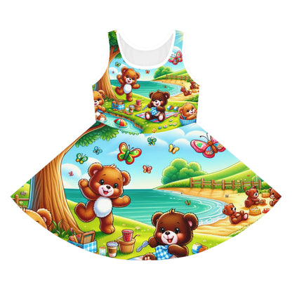 Sophia Blossomdale Girls Summer Sundress by Dazzling Dreams Studio featuring a vibrant teddy bear print, perfect for young fashionistas.