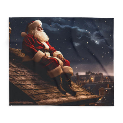 Luxurious Decorative and Warm Christmas Santa Claus Arctic Fleece Blanket captured on a cozy rooftop setting featuring a classic Santa Claus, enhancing holiday spirit.