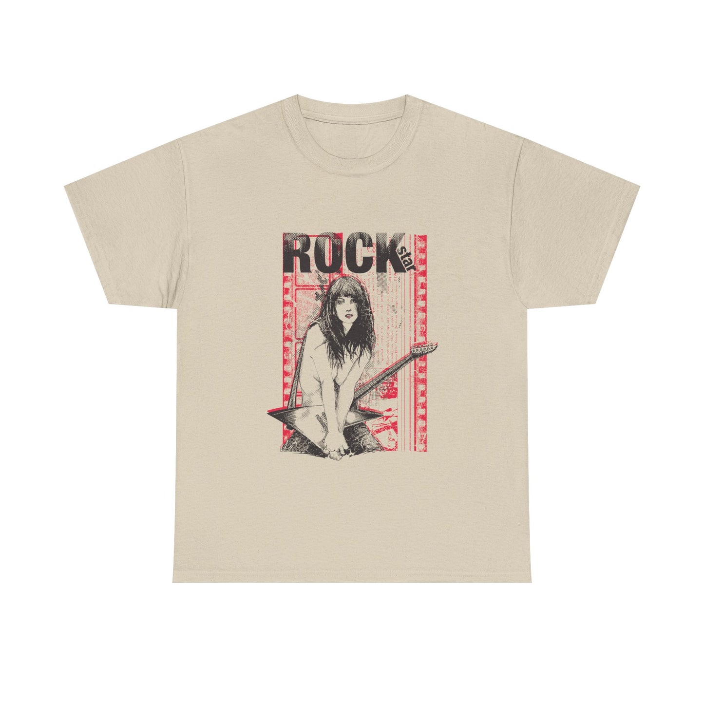 Elegant beige men's t-shirt adorned with a captivating rock star graphic design, depicting a dynamic female guitarist with an electric instrument amidst a vibrant red and black backdrop, capturing the essence of rebellion and artistry.