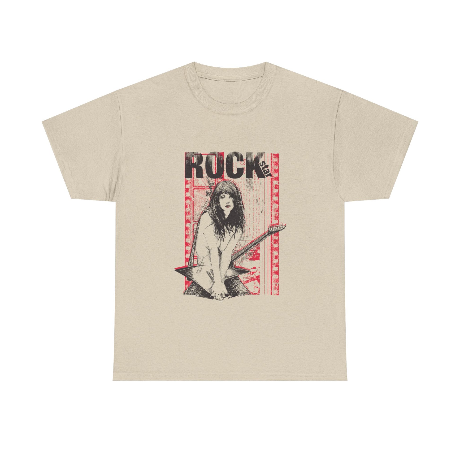 Elegant beige men's t-shirt adorned with a captivating rock star graphic design, depicting a dynamic female guitarist with an electric instrument amidst a vibrant red and black backdrop, capturing the essence of rebellion and artistry.