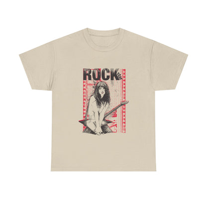 Elegant beige men's t-shirt adorned with a captivating rock star graphic design, depicting a dynamic female guitarist with an electric instrument amidst a vibrant red and black backdrop, capturing the essence of rebellion and artistry.
