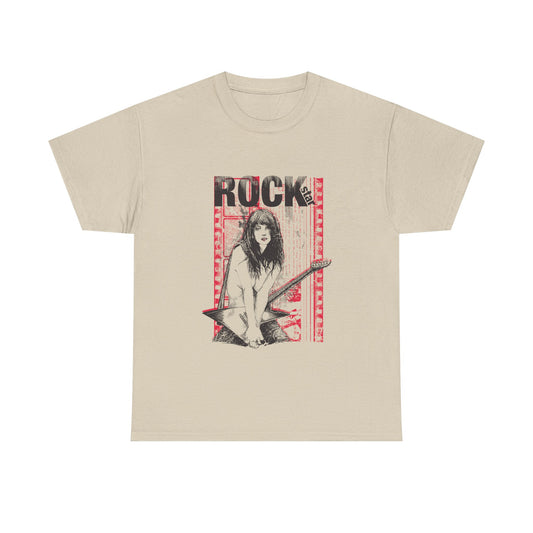 Elegant beige men's t-shirt adorned with a captivating rock star graphic design, depicting a dynamic female guitarist with an electric instrument amidst a vibrant red and black backdrop, capturing the essence of rebellion and artistry.