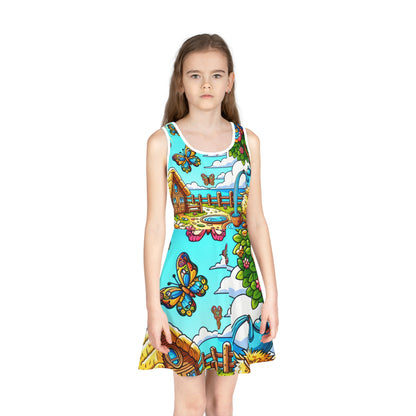 Sophia Peppermint Girls Rainbow Sundress worn by a young girl, displaying delightful cartoon butterflies and floral designs, perfect for summer adventures.