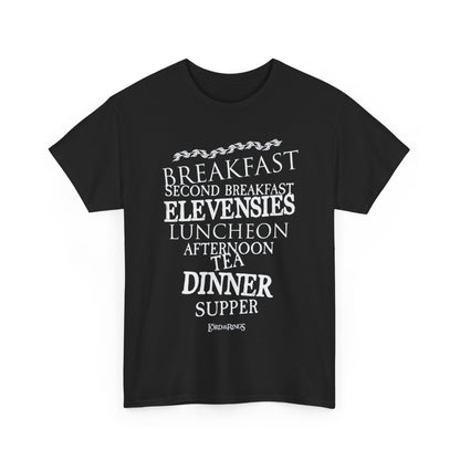 Stylish black t-shirt with a playful arrangement of hobbit meal times in white letters, celebrating the delightful culinary culture of Middle-earth.